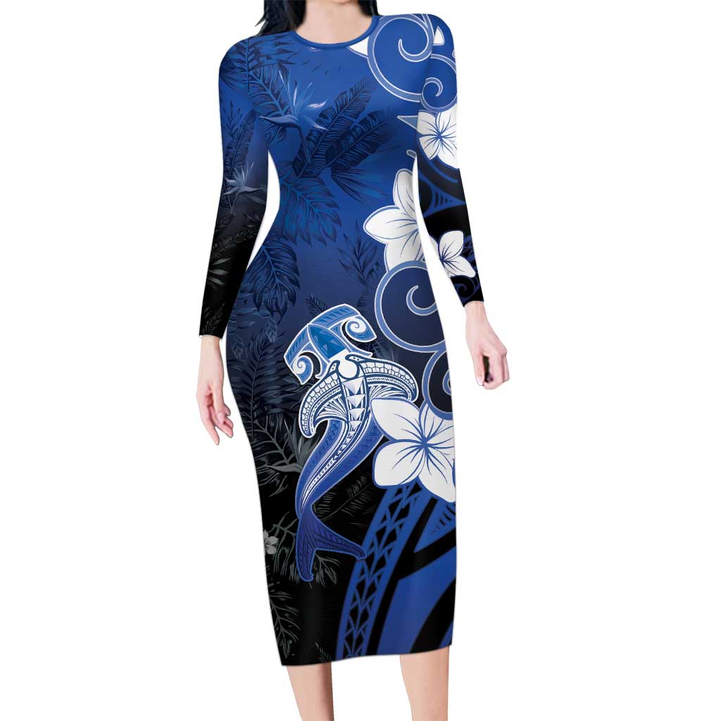 Polynesia Hammerhead Shark Long Sleeve Bodycon Dress Blue Tribal Pattern With Plumeria LT05 Long Dress Blue - Polynesian Pride