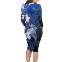 Polynesia Hammerhead Shark Long Sleeve Bodycon Dress Blue Tribal Pattern With Plumeria LT05 - Polynesian Pride