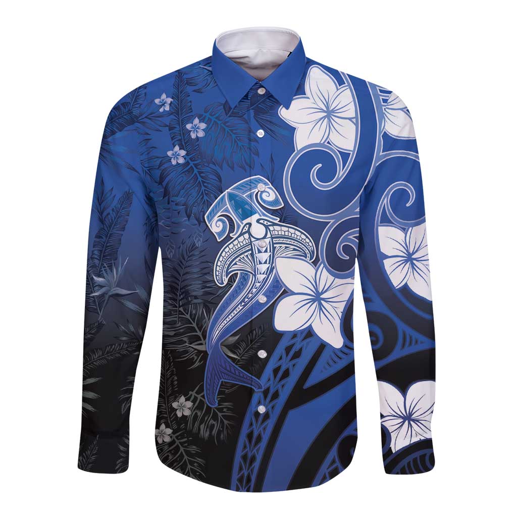 Polynesia Hammerhead Shark Long Sleeve Button Shirt Blue Tribal Pattern With Plumeria - Polynesian Pride