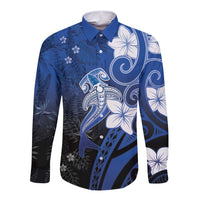 Polynesia Hammerhead Shark Long Sleeve Button Shirt Blue Tribal Pattern With Plumeria - Polynesian Pride