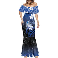 Polynesia Hammerhead Shark Mermaid Dress Blue Tribal Pattern With Plumeria - Polynesian Pride