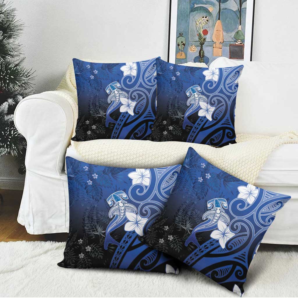 Polynesia Hammerhead Shark Pillow Cover Blue Tribal Pattern With Plumeria - Polynesian Pride