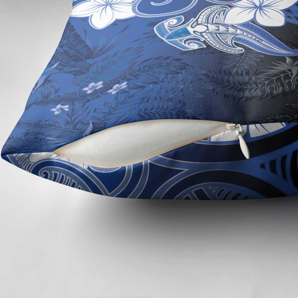 Polynesia Hammerhead Shark Pillow Cover Blue Tribal Pattern With Plumeria - Polynesian Pride