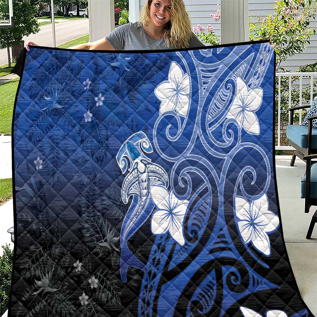Polynesia Hammerhead Shark Quilt Blue Tribal Pattern With Plumeria LT05 Blue - Polynesian Pride