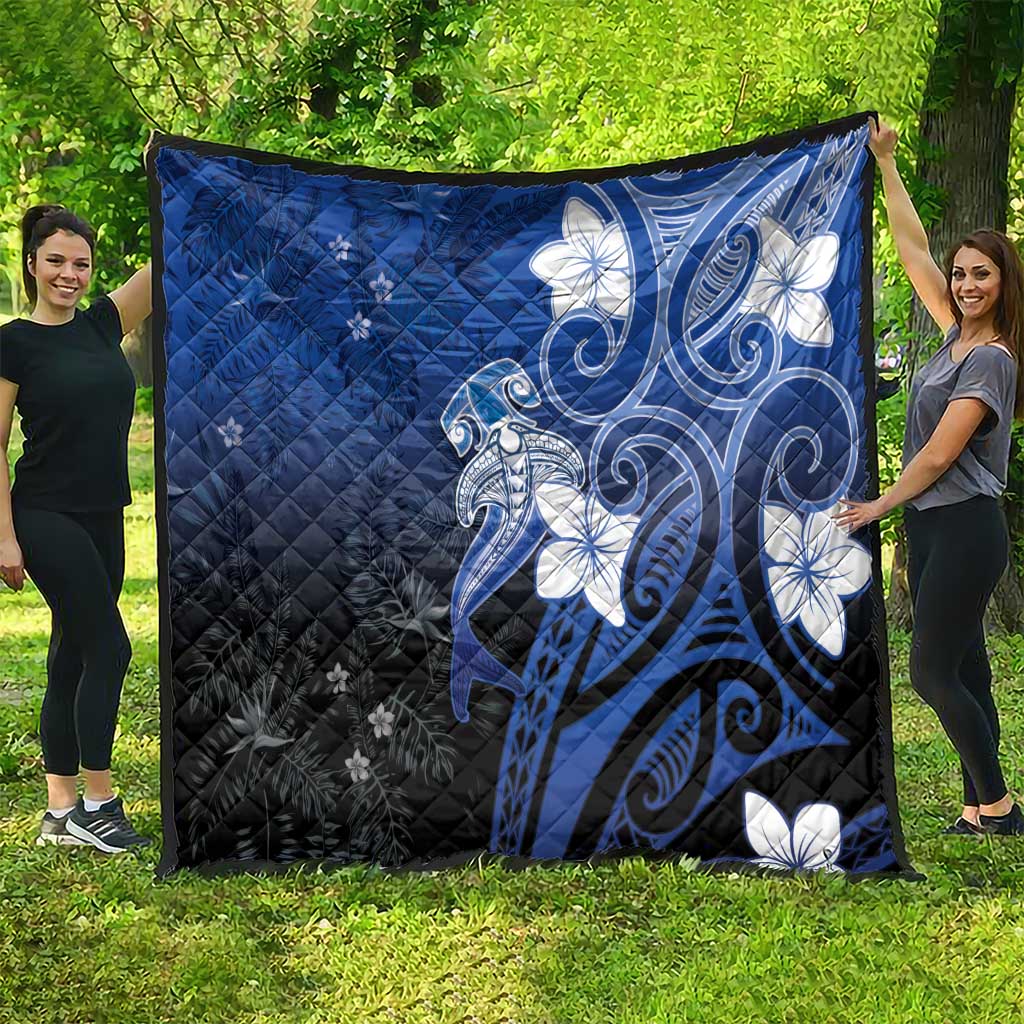 Polynesia Hammerhead Shark Quilt Blue Tribal Pattern With Plumeria LT05 - Polynesian Pride