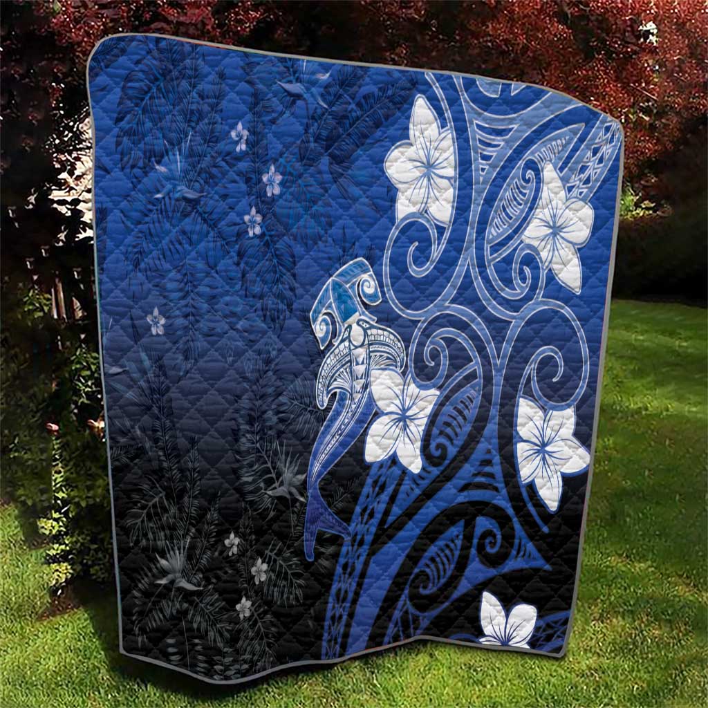 Polynesia Hammerhead Shark Quilt Blue Tribal Pattern With Plumeria LT05 - Polynesian Pride