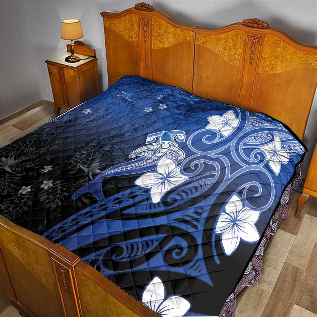 Polynesia Hammerhead Shark Quilt Blue Tribal Pattern With Plumeria LT05 - Polynesian Pride