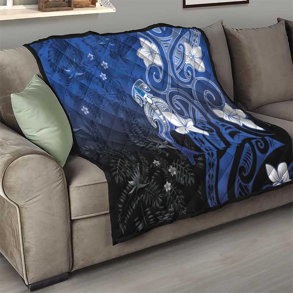 Polynesia Hammerhead Shark Quilt Blue Tribal Pattern With Plumeria LT05 - Polynesian Pride