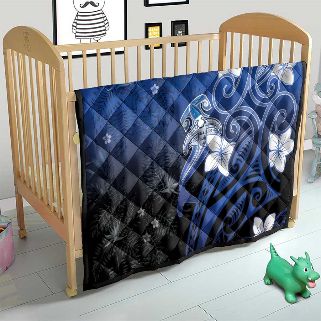 Polynesia Hammerhead Shark Quilt Blue Tribal Pattern With Plumeria LT05 - Polynesian Pride
