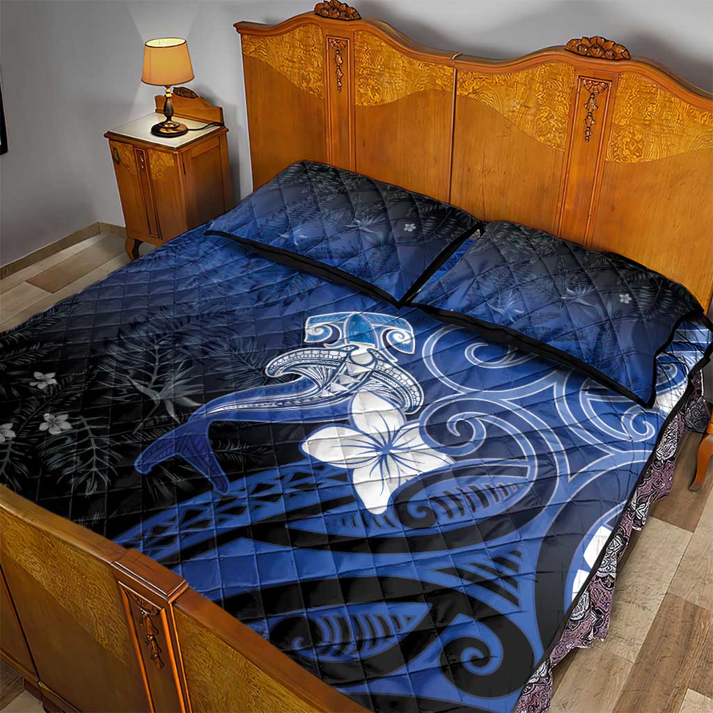 Polynesia Hammerhead Shark Quilt Bed Set Blue Tribal Pattern With Plumeria - Polynesian Pride