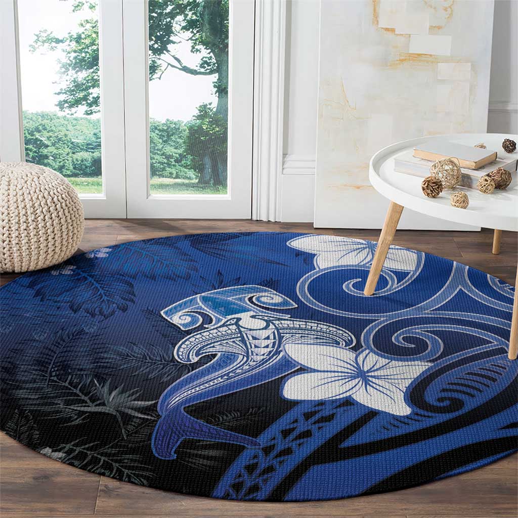 Polynesia Hammerhead Shark Round Carpet Blue Tribal Pattern With Plumeria - Polynesian Pride