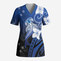 Polynesia Hammerhead Shark Scrub Top Blue Tribal Pattern With Plumeria - Polynesian Pride