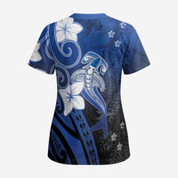 Polynesia Hammerhead Shark Scrub Top Blue Tribal Pattern With Plumeria - Polynesian Pride