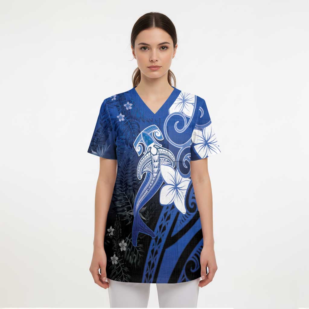 Polynesia Hammerhead Shark Scrub Top Blue Tribal Pattern With Plumeria - Polynesian Pride