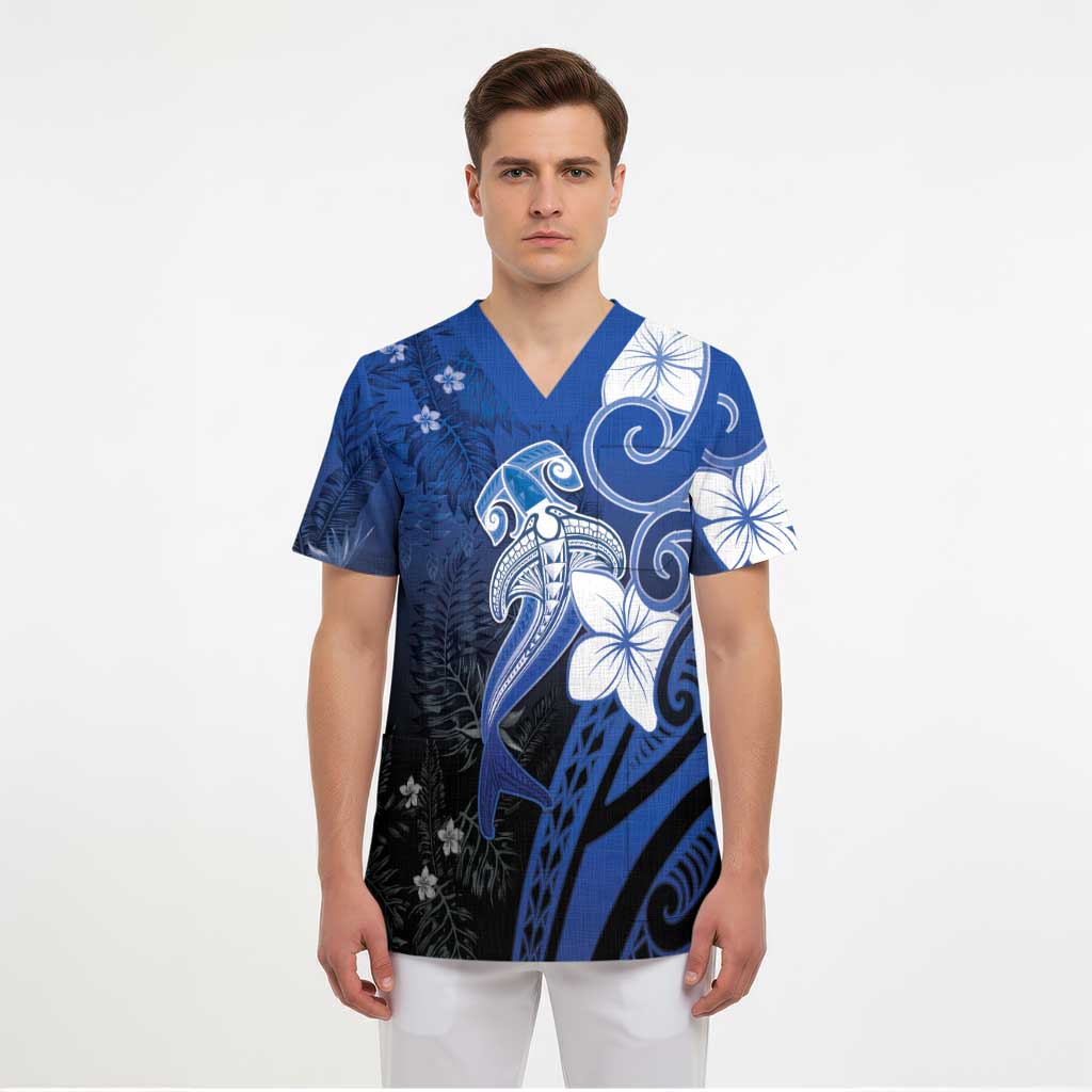 Polynesia Hammerhead Shark Scrub Top Blue Tribal Pattern With Plumeria - Polynesian Pride