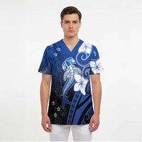 Polynesia Hammerhead Shark Scrub Top Blue Tribal Pattern With Plumeria - Polynesian Pride