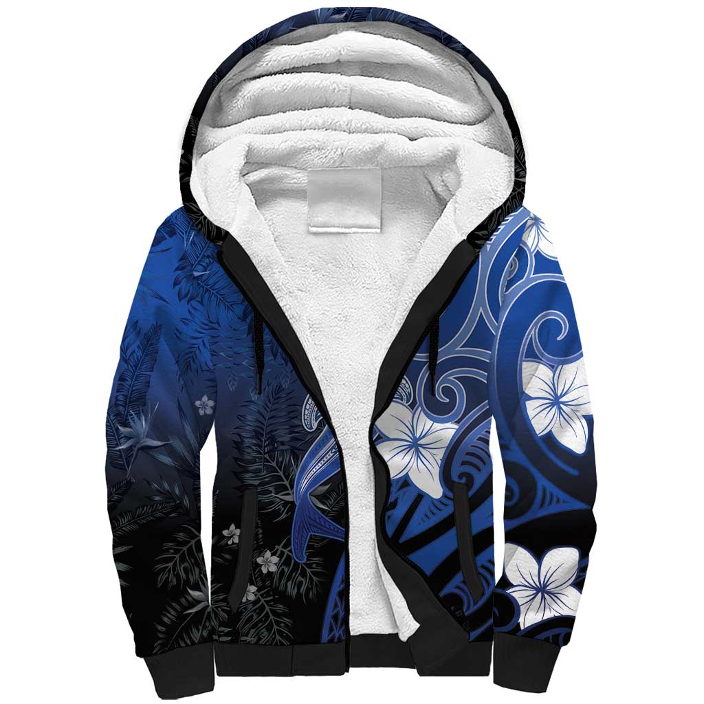 Polynesia Hammerhead Shark Sherpa Hoodie Blue Tribal Pattern With Plumeria LT05 Unisex Blue - Polynesian Pride