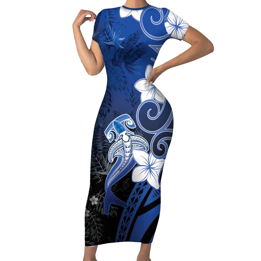 Polynesia Hammerhead Shark Short Sleeve Bodycon Dress Blue Tribal Pattern With Plumeria LT05 Long Dress Blue - Polynesian Pride