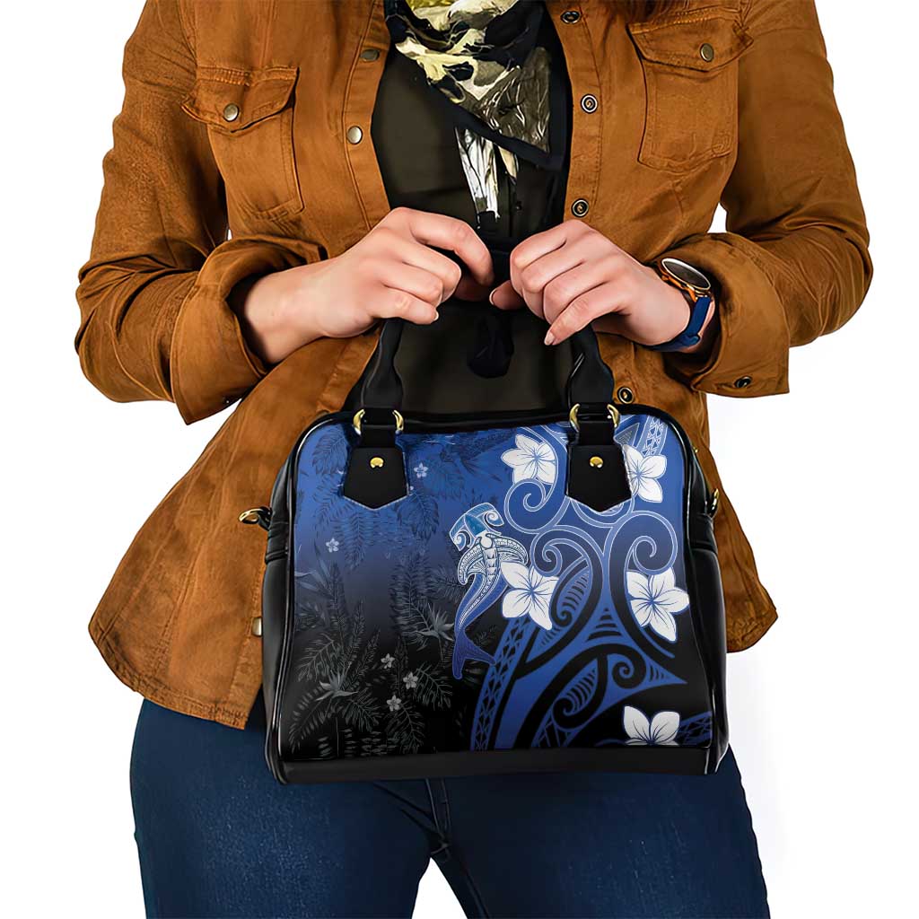Polynesia Hammerhead Shark Shoulder Handbag Blue Tribal Pattern With Plumeria - Polynesian Pride