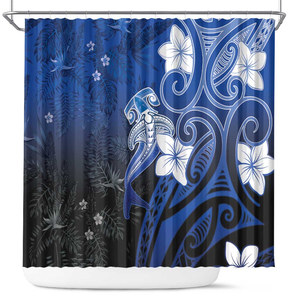 Polynesia Hammerhead Shark Shower Curtain Blue Tribal Pattern With Plumeria LT05 Blue - Polynesian Pride