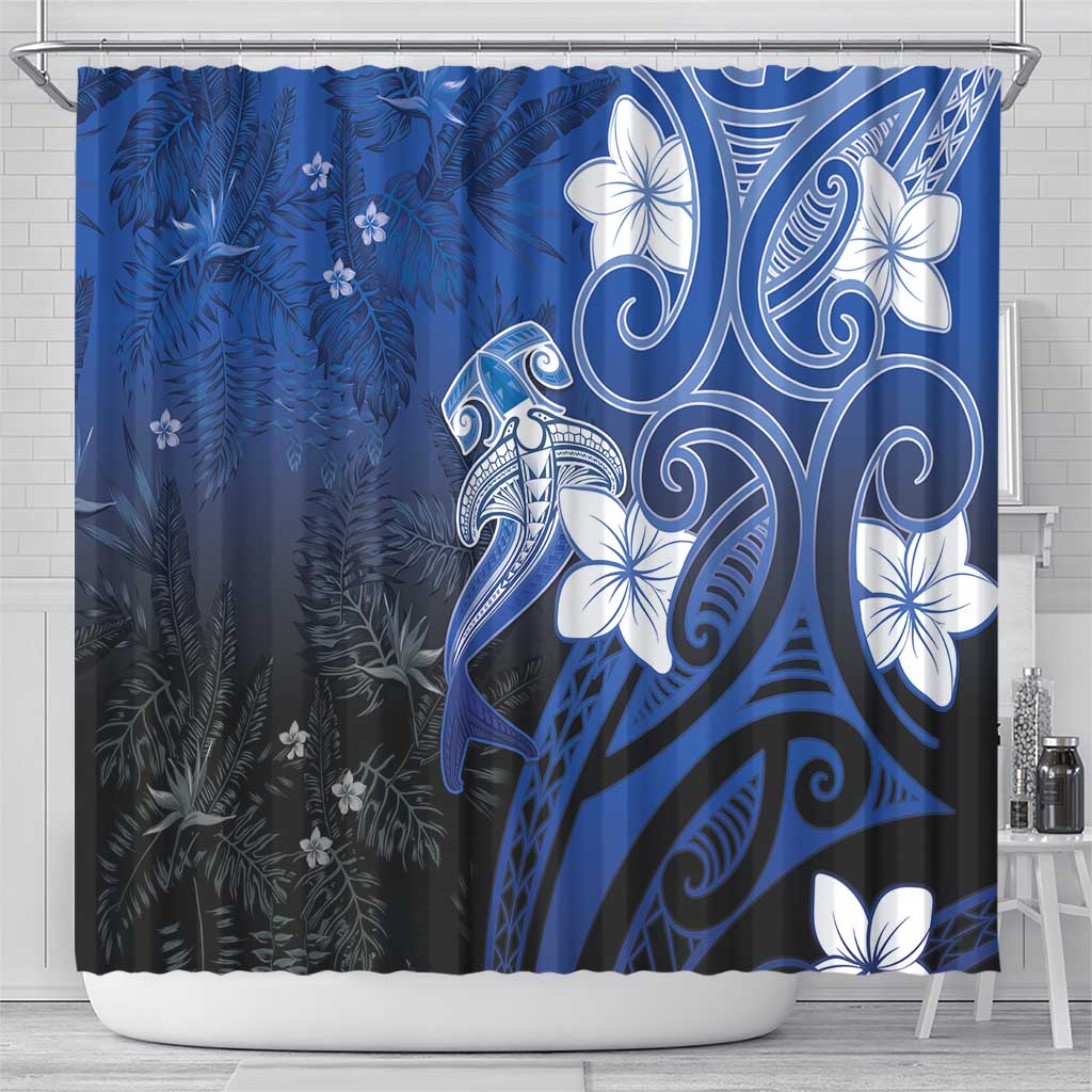 Polynesia Hammerhead Shark Shower Curtain Blue Tribal Pattern With Plumeria LT05 - Polynesian Pride