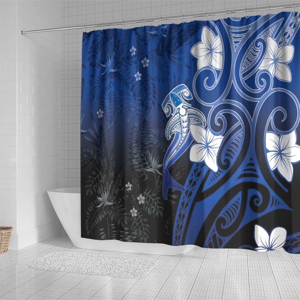 Polynesia Hammerhead Shark Shower Curtain Blue Tribal Pattern With Plumeria LT05 - Polynesian Pride