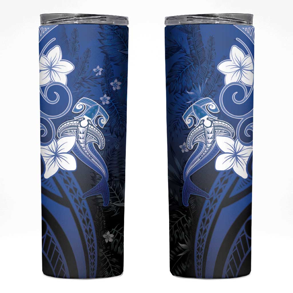 Polynesia Hammerhead Shark Skinny Tumbler Blue Tribal Pattern With Plumeria - Polynesian Pride