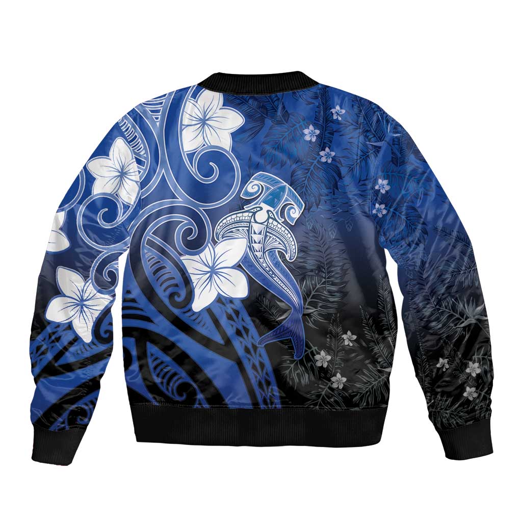 Polynesia Hammerhead Shark Sleeve Zip Bomber Jacket Blue Tribal Pattern With Plumeria LT05 - Polynesian Pride