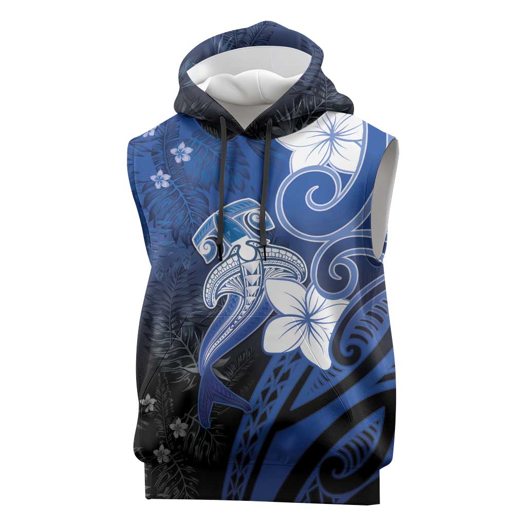 Polynesia Hammerhead Shark Sleeveless Hoodie Blue Tribal Pattern With Plumeria LT05 Blue - Polynesian Pride