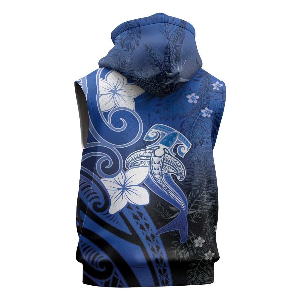 Polynesia Hammerhead Shark Sleeveless Hoodie Blue Tribal Pattern With Plumeria LT05 - Polynesian Pride