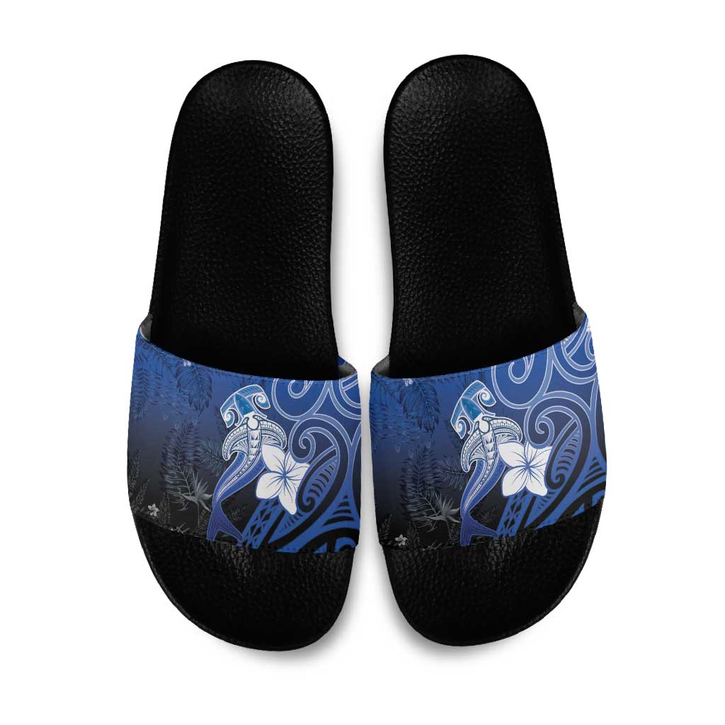 Polynesia Hammerhead Shark Slide Sandals Blue Tribal Pattern With Plumeria LT05 Blue - Polynesian Pride