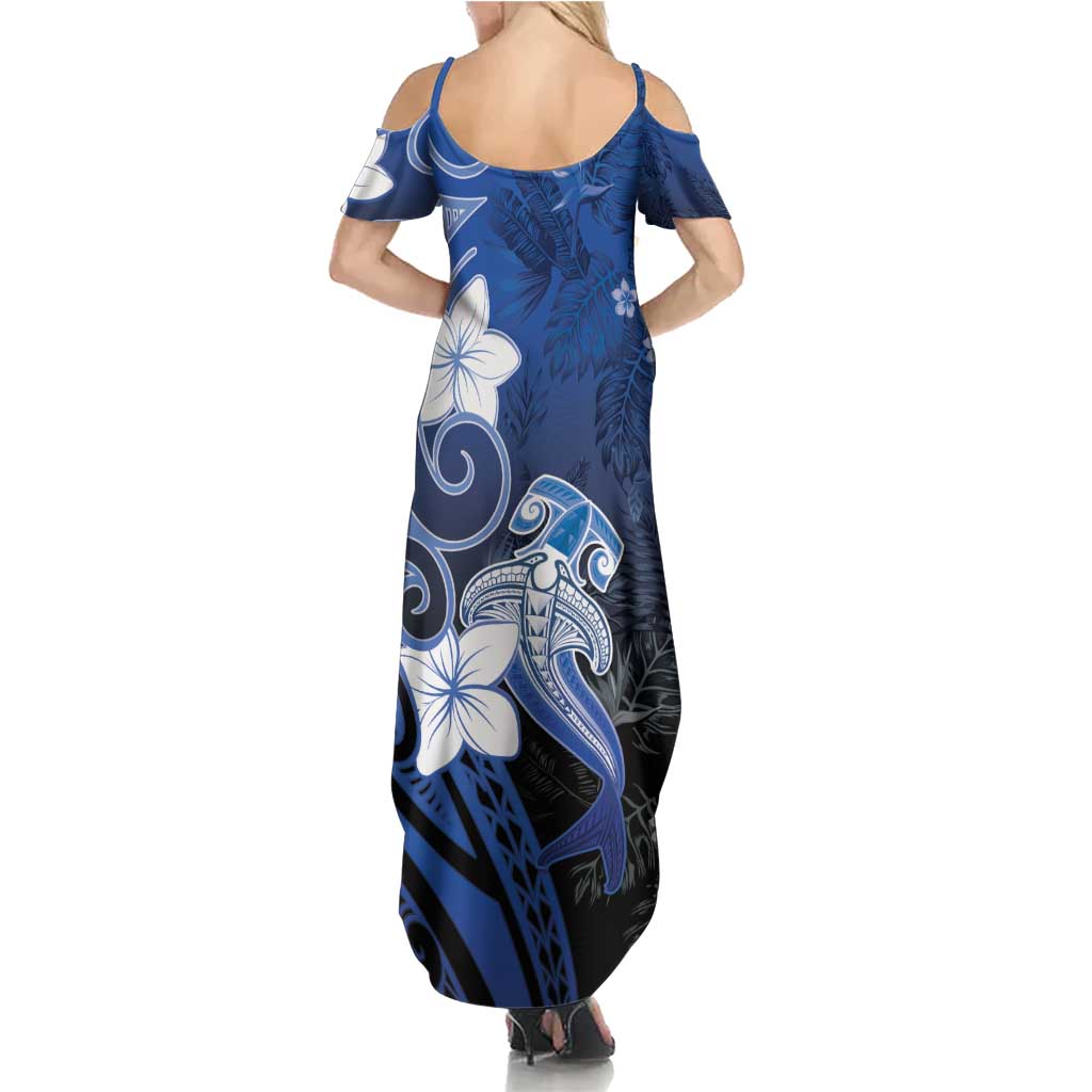 Polynesia Hammerhead Shark Summer Maxi Dress Blue Tribal Pattern With Plumeria LT05 - Polynesian Pride