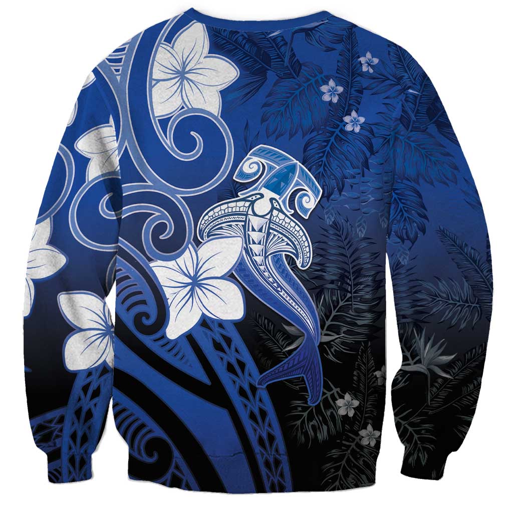 Polynesia Hammerhead Shark Sweatshirt Blue Tribal Pattern With Plumeria - Polynesian Pride