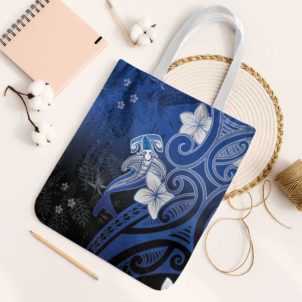 Polynesia Hammerhead Shark Tote Bag Blue Tribal Pattern With Plumeria LT05 White Strap One Size Blue - Polynesian Pride