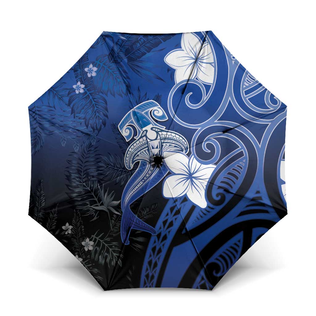 Polynesia Hammerhead Shark Umbrella Blue Tribal Pattern With Plumeria LT05 One Size Folded 11.42 inch Opened Diameter 37.4 inch Blue - Polynesian Pride