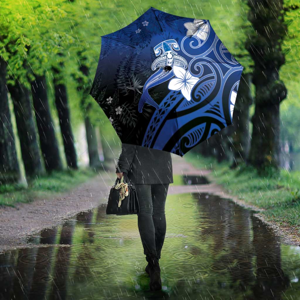 Polynesia Hammerhead Shark Umbrella Blue Tribal Pattern With Plumeria LT05 - Polynesian Pride