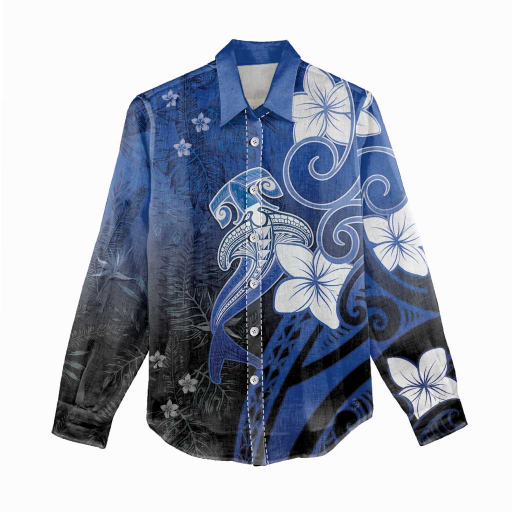 Polynesia Hammerhead Shark Women Casual Shirt Blue Tribal Pattern With Plumeria LT05 - Polynesian Pride