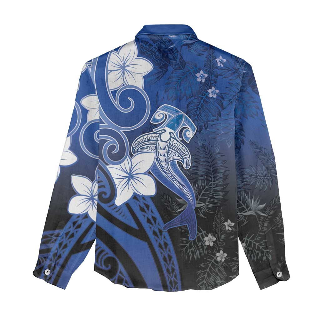 Polynesia Hammerhead Shark Women Casual Shirt Blue Tribal Pattern With Plumeria LT05 - Polynesian Pride