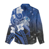 Polynesia Hammerhead Shark Women Casual Shirt Blue Tribal Pattern With Plumeria LT05 - Polynesian Pride