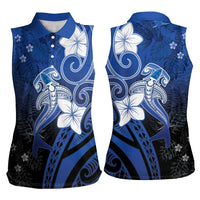 Polynesia Hammerhead Shark Women Sleeveless Polo Shirt Blue Tribal Pattern With Plumeria - Polynesian Pride
