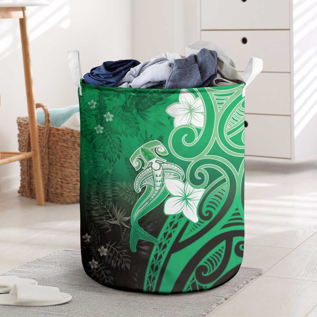 Polynesia Hammerhead Shark Laundry Basket Green Tribal Pattern With Plumeria - Polynesian Pride