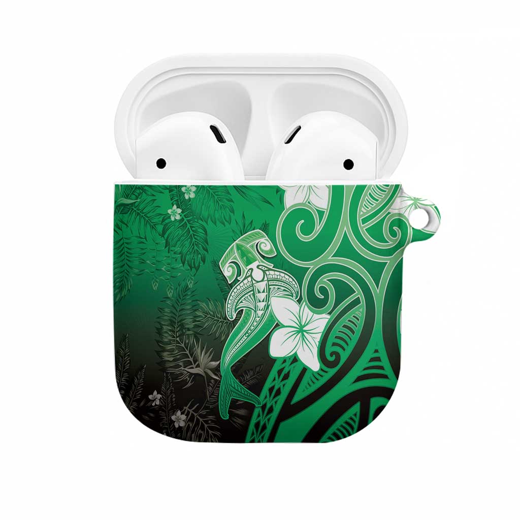 Polynesia Hammerhead Shark AirPods Case Green Tribal Pattern With Plumeria - Polynesian Pride