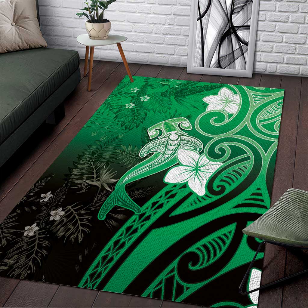 Polynesia Hammerhead Shark Area Rug Green Tribal Pattern With Plumeria LT05 Green - Polynesian Pride