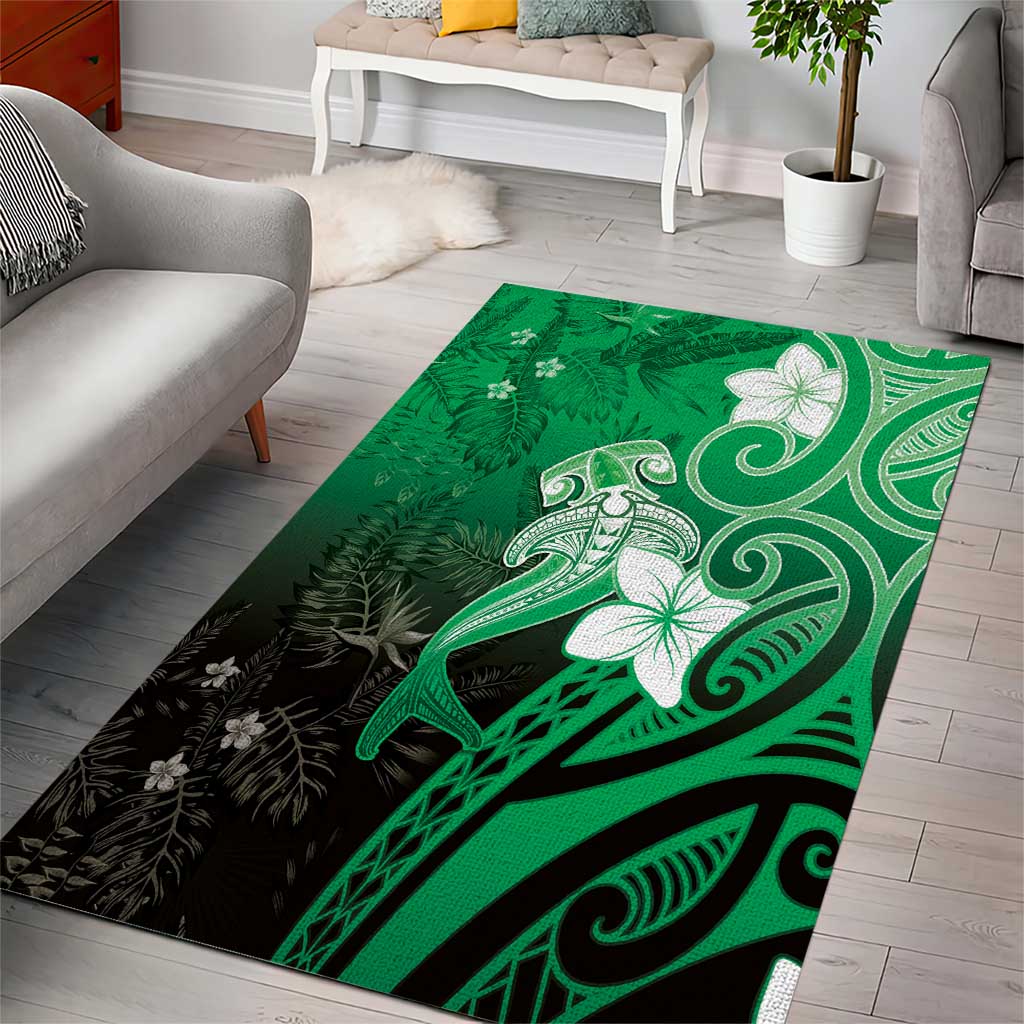 Polynesia Hammerhead Shark Area Rug Green Tribal Pattern With Plumeria LT05 - Polynesian Pride