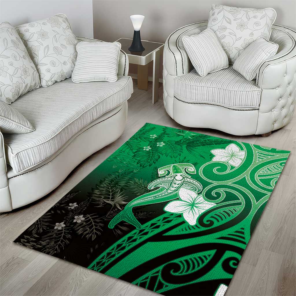 Polynesia Hammerhead Shark Area Rug Green Tribal Pattern With Plumeria LT05 - Polynesian Pride