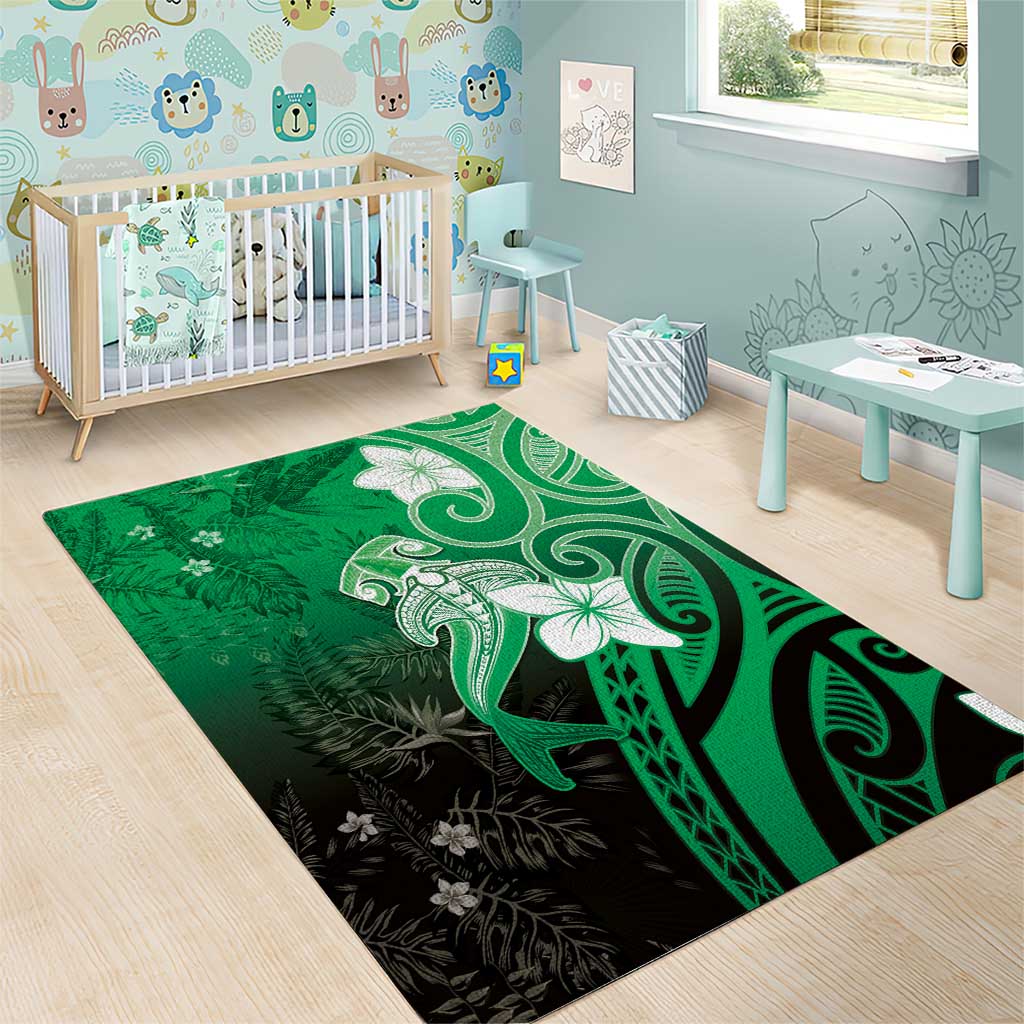 Polynesia Hammerhead Shark Area Rug Green Tribal Pattern With Plumeria LT05 - Polynesian Pride