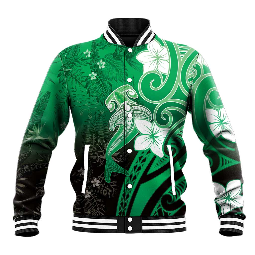 Polynesia Hammerhead Shark Baseball Jacket Green Tribal Pattern With Plumeria - Polynesian Pride