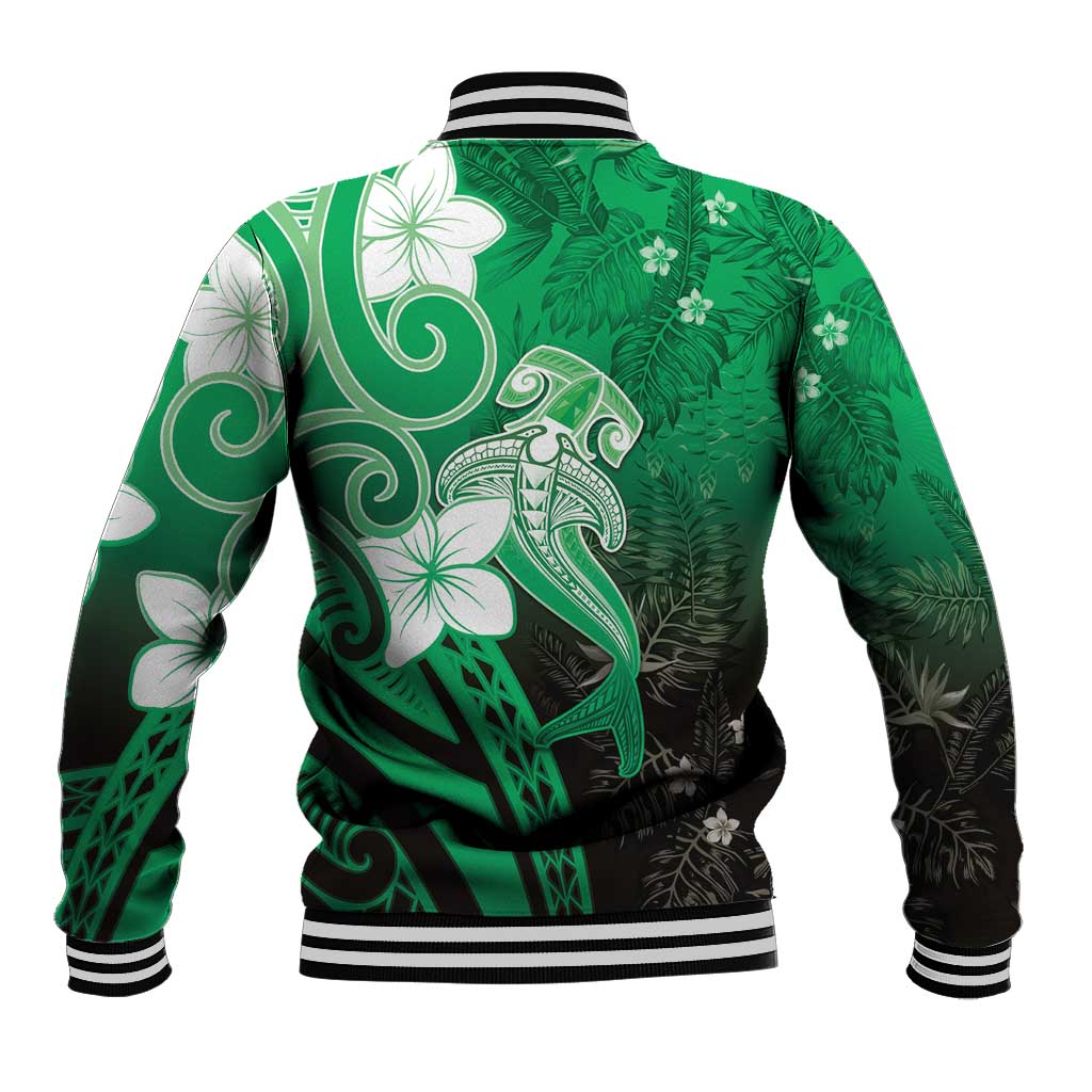 Polynesia Hammerhead Shark Baseball Jacket Green Tribal Pattern With Plumeria - Polynesian Pride