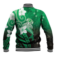 Polynesia Hammerhead Shark Baseball Jacket Green Tribal Pattern With Plumeria - Polynesian Pride