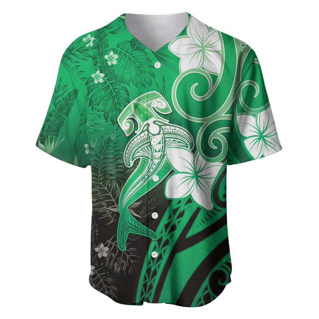 Polynesia Hammerhead Shark Baseball Jersey Green Tribal Pattern With Plumeria - Polynesian Pride